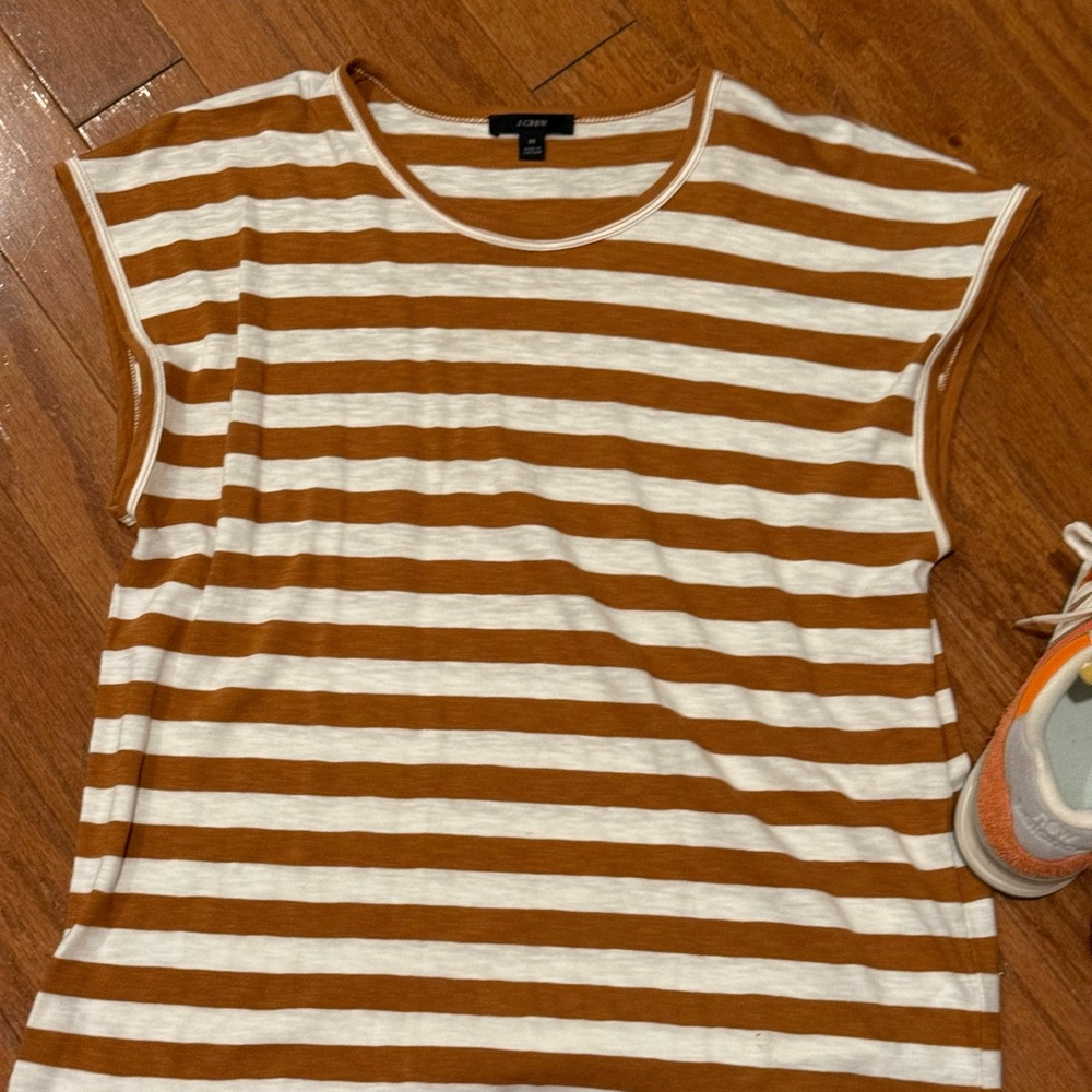 J. Crew Brown and White Striped Short Sleeve Tee , worn 1 time . - Picture 2 of 3
